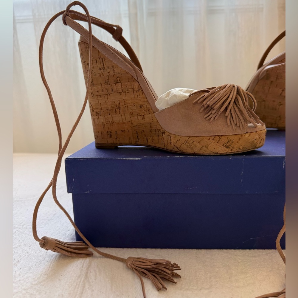 Aquazzura Wild One Wedge Sandals with Tassels Nude-Tan /VintagePink Color Size37 - Picture 10 of 11